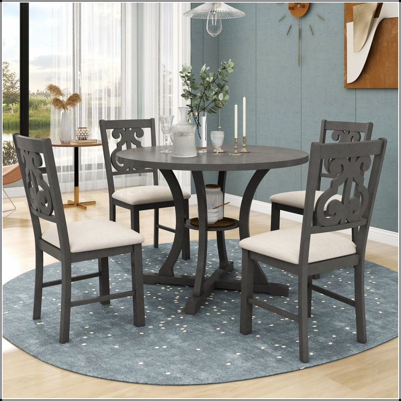 Table de salle à manger 5 pièces et 4 chaises en tissu avec tablette de rangement, Gris, Gris/beige, Gris