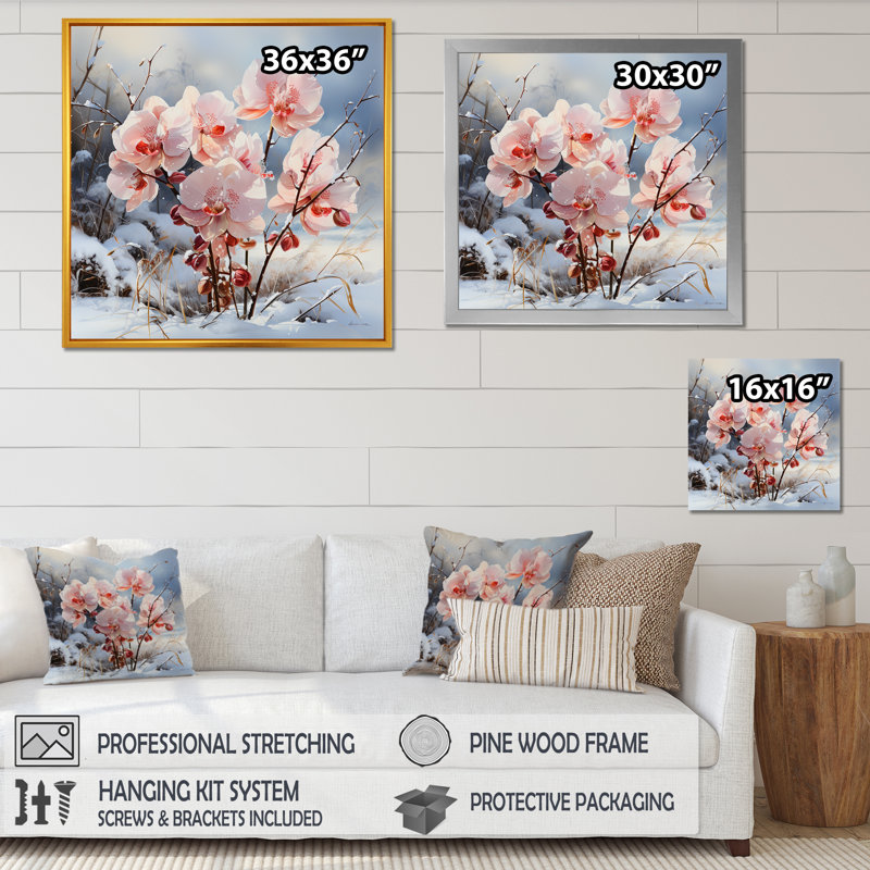 Charme d'orchidées roses en hiver, H 30 po x l 30 po x P 1 po, Cadre simple noir