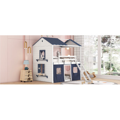 Bunk Wood House Bed With Elegant Windows