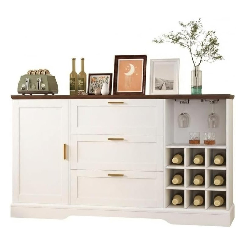 63" Farmhouse Buffet Sideboard – Drawer, Adjustable Shelves, Wine Racks, Coffee Bar for Kitchen Entryway, White/Brown