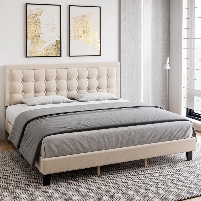 Lit plateforme tapissier Nourdane, Beige, Double