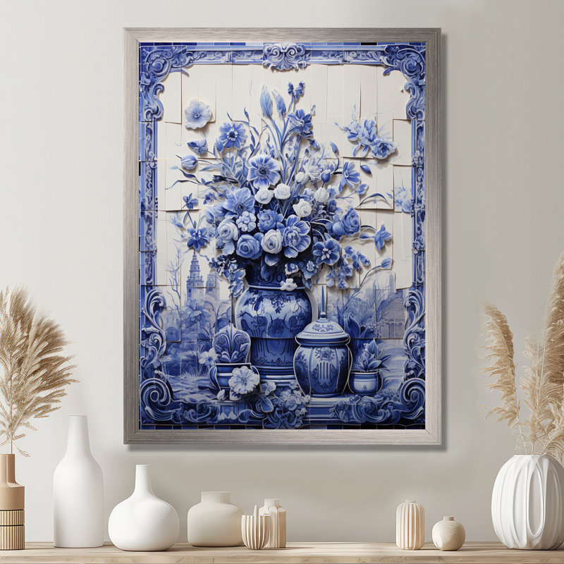 Art mural bleu et blanc Boho Flower Pottery II - Boho Pottery, H 32 po x l 24 po x P 1 po, Cadre photo argenté