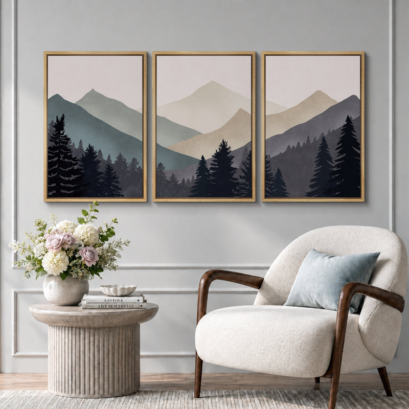 «Sun Mountain Landscape», œuvre abstraite de forêt neutre, images murales minimalistes modernes, impression sur toile encadrée, 3 pièces