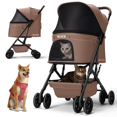 Poussette à 4 roues pour animaux de compagnie pour chiens et chats - Poussette légère avec poignée en cuir, pliable à une main, toile respirante en filet et fermeture à glissière, transporteur de voyage avec rangement
