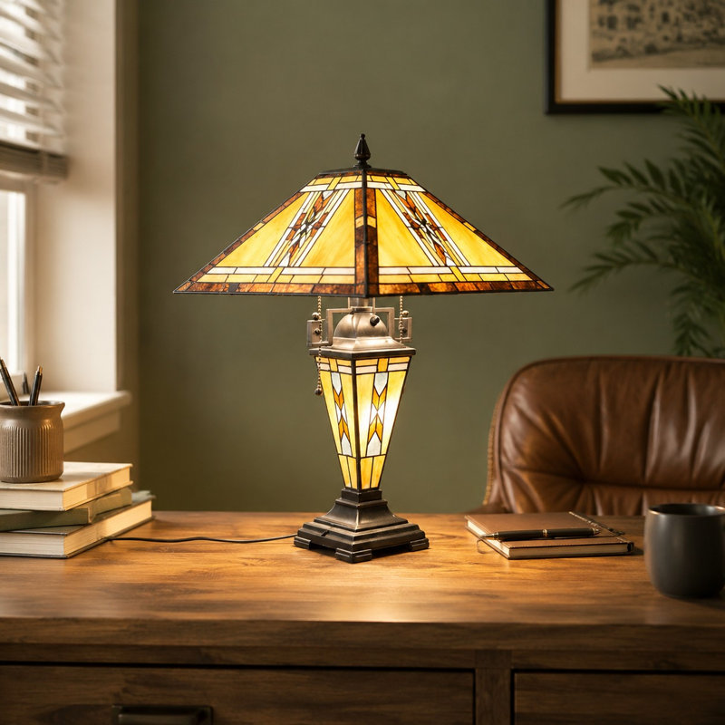 Grande lampe de table en vitrail à 3 lumières pour le salon