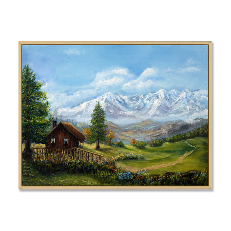 Paysage de chalet maison de campagne, H 16 po x l 32 po x P 1 po, Cadre flottant brun
