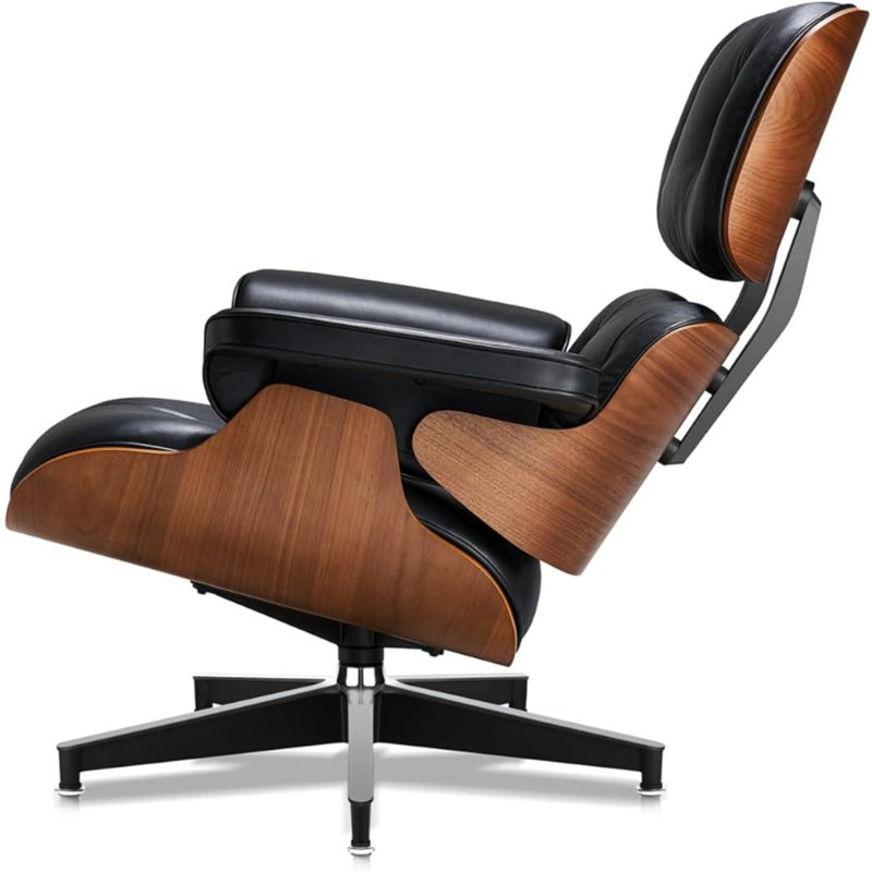 Lounge chair with Solid Wood, Black/Dark Brown Genuine Leather