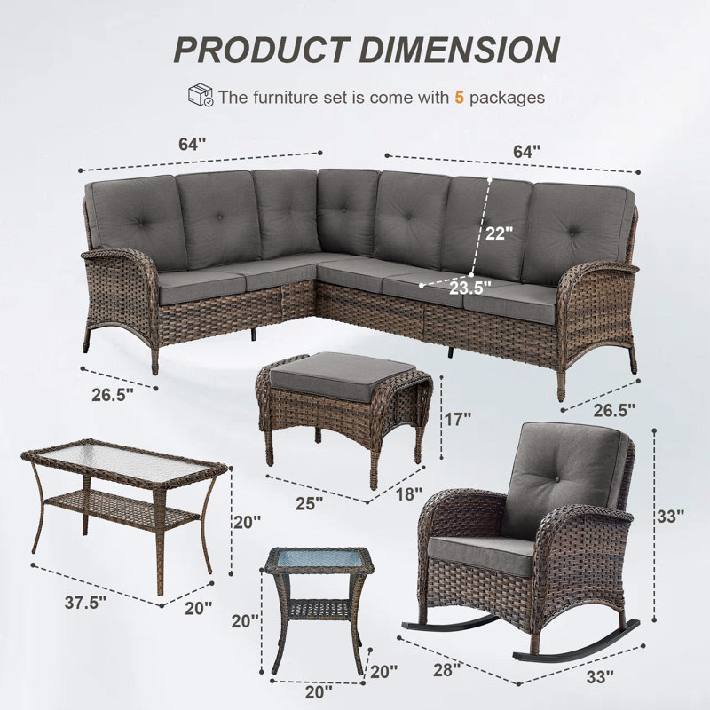  Valierius Outdoor Sectional Sofa Set With Rocking Chairs, Ottomans, PE Wicker, Water-Resistant Cushions, Gray