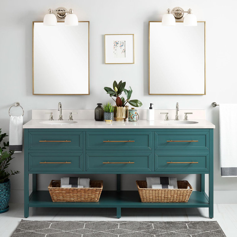 72" Robertson Double Bathroom Vanity Set with Oval Undermount Sinks, Black, Arctic White Quartz, 8" Widespread