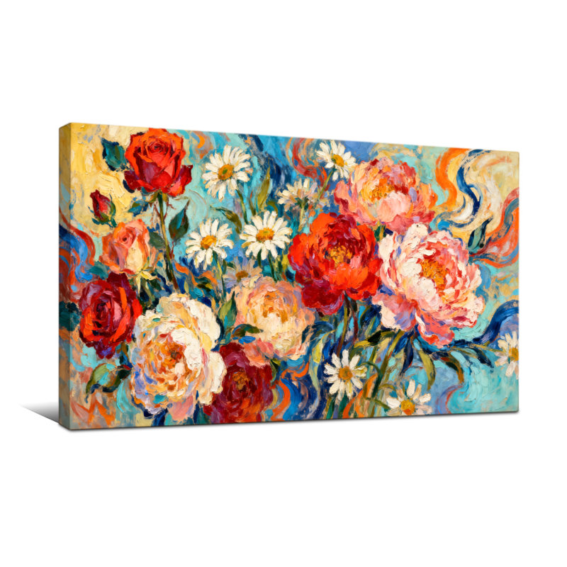 Bouquet de plantes et de fleurs aux couleurs vives et aux coups de pinceau texturés, H 20 po x l 40 po