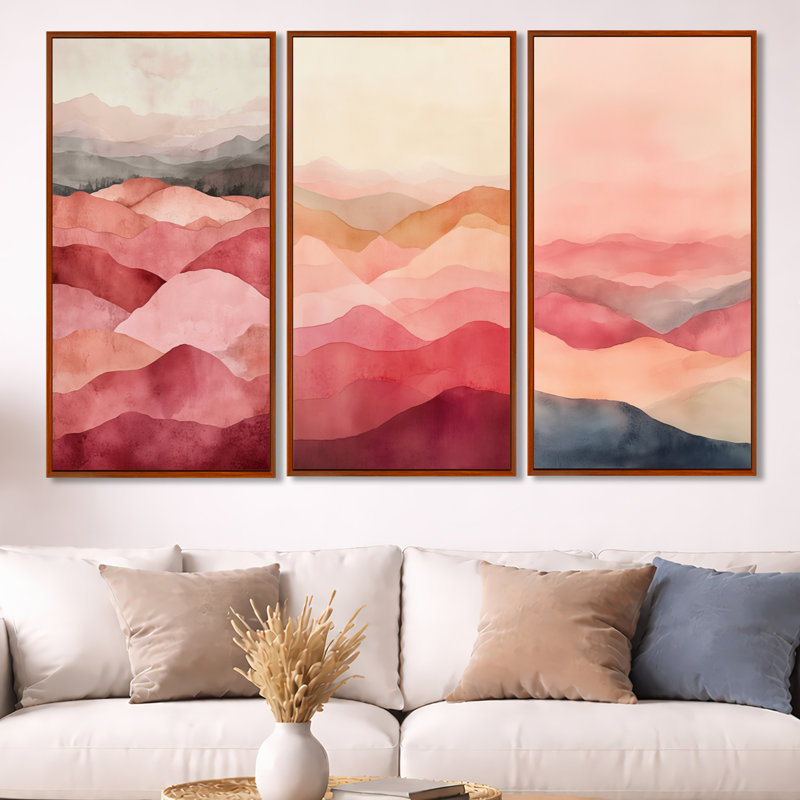 Fragmented Terrain in Blush - Paysage abstrait encadré, décoration murale 3 panneaux, H 40 po x l 60 po, Cadre flottant brun