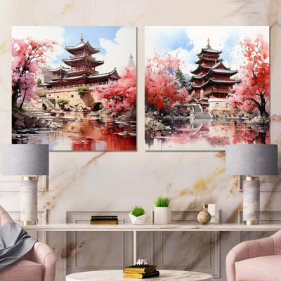 Printemps, Chine, sérénité au temple I - Ensemble de 2 décorations murales chinoises en métal