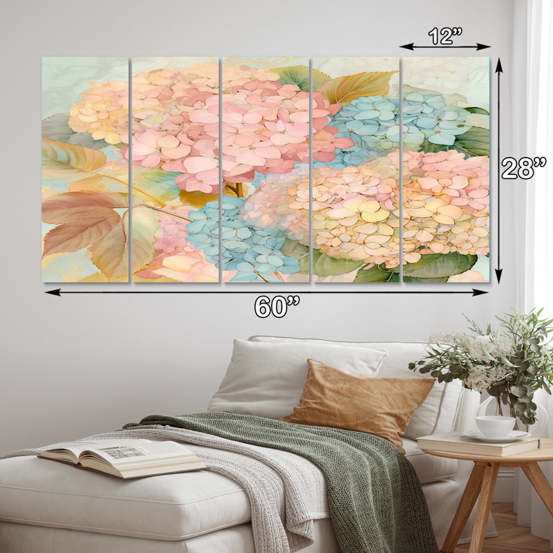 Rétro bouquet d'hortensias rétro pastel - impression sur toile hydrangées - 5 panneaux égaux