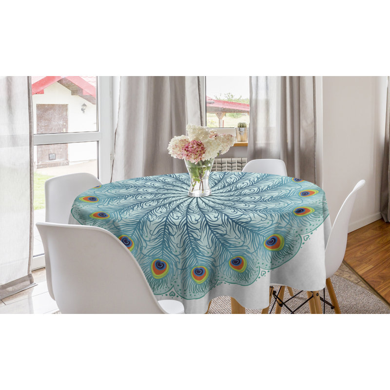 Ambesonne Peacock Mandala Round Tablecloth, Ornamental Peafowl Tail Feathers Forming Circular Retro Oriental Pattern, Circle Table Cloth Cover For Dining Room Kitchen Decoration, 60", Multicolor