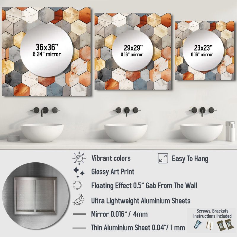 Motif rustique hexagonal Boho - Miroir carré moderne pour décoration murale, 23 po x 23 po