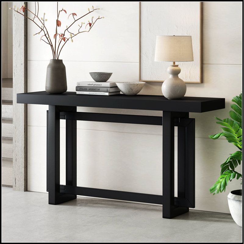 Contemporary Console Table with Wood Top, Extra Long Entryway Table for Hallway and Living Room Decor, Black, Black