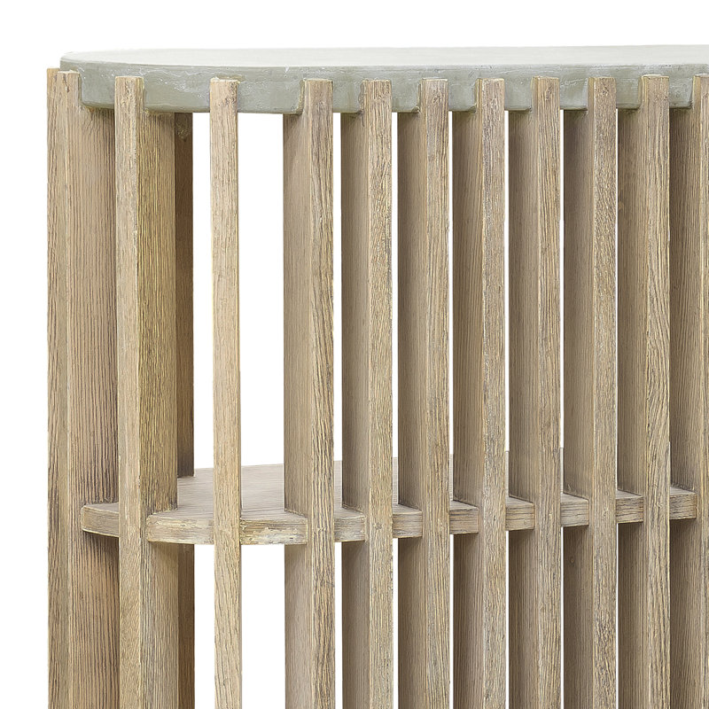 Beige and Gray Wood Slat Display Console with Concrete Top