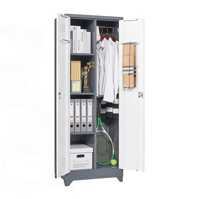 Broom Storage Cabinet With Locking Doors And Shelves, Metal Storage Cabinet With Hanging Rod & S-Hooks, Accent Cabinet
