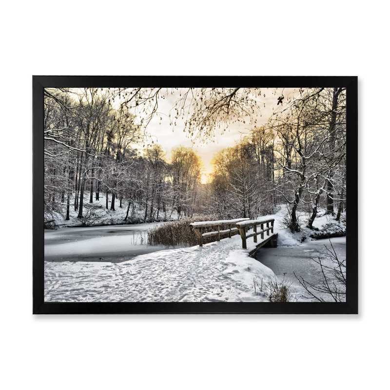 Wooden Bridge In Snow Winter River - Landscapes Canvas Wall Art, Black Picture Framed Canvas, 8" H x 12" W x 1" D