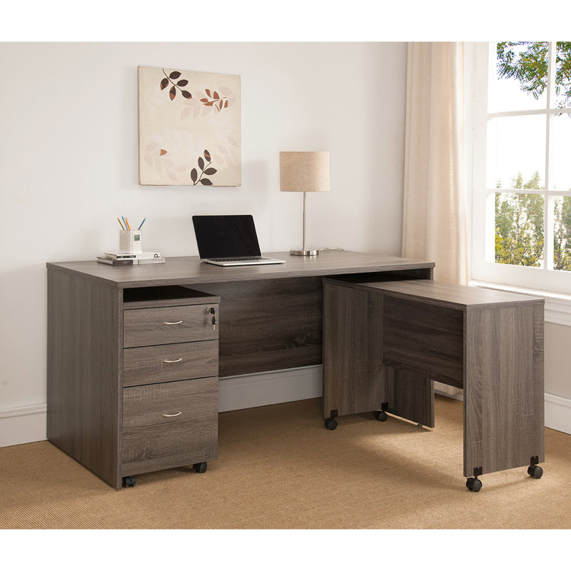 Bureau de travail à quatre roues en bois gris vieilli pour un bureau à domicile fonctionnel - avec mobilier modeste