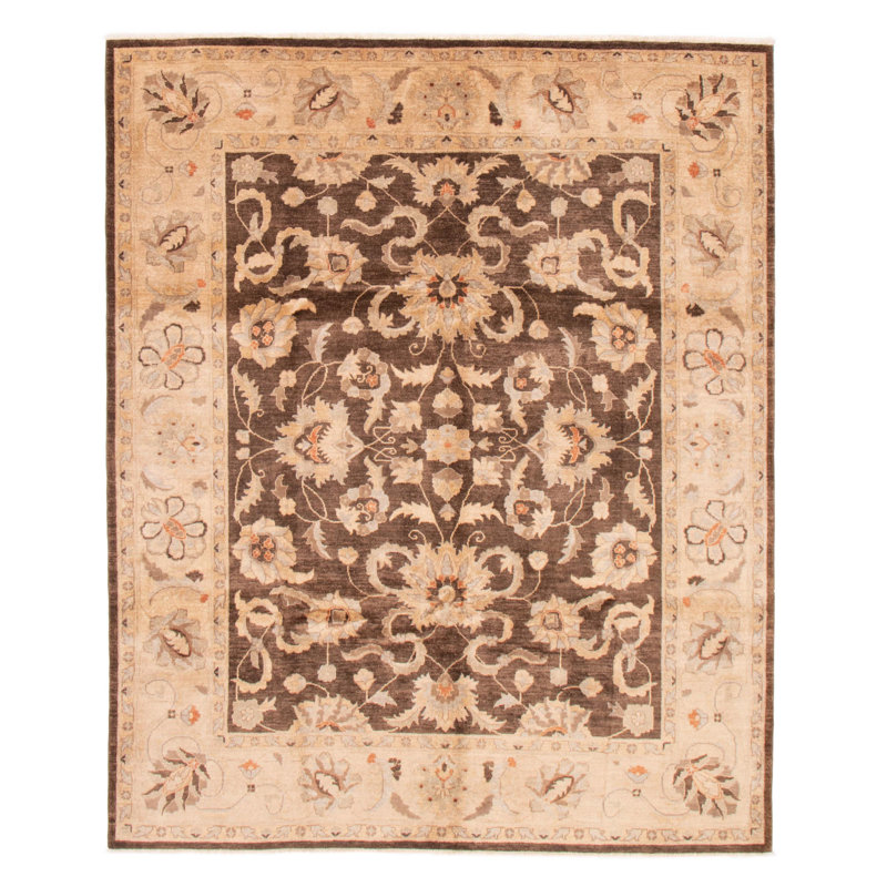 Tapis brun foncé en laine noué à la main de conception unique 8 pi 4 po x 9 pi 6 po New Age Chobi