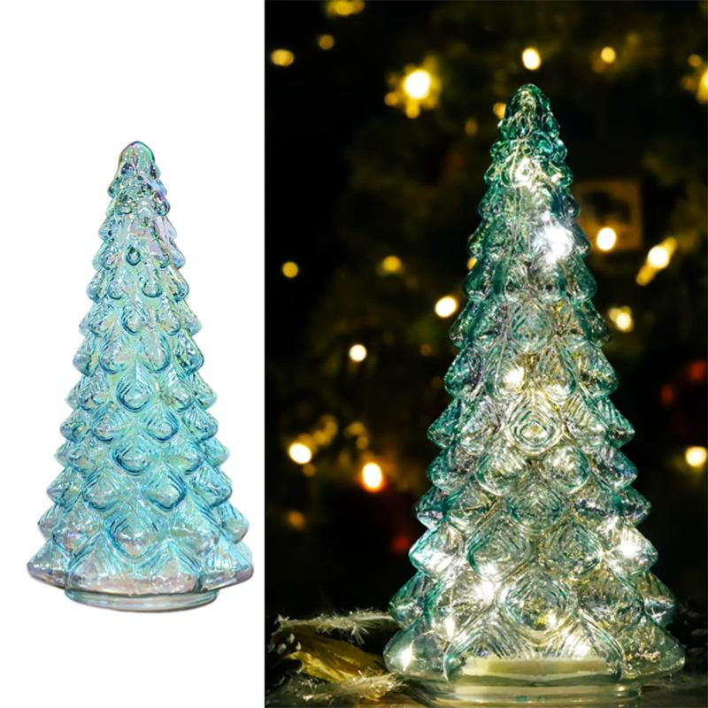 12" Blue Glass Christmas Tree Table Light – Battery Operated Holiday Decoration For Mantel, Shelf, Window Or Office Festive Display