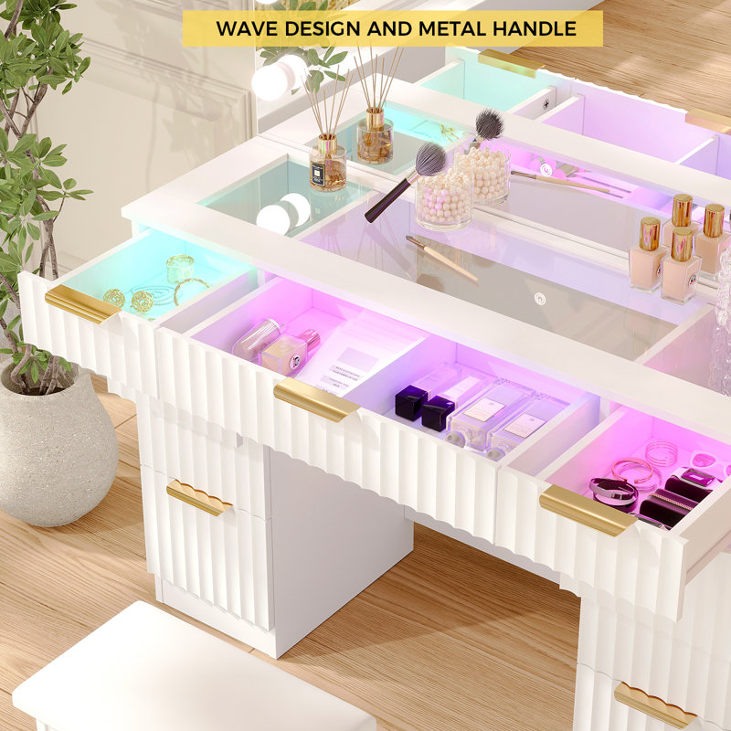 43" Glass Top Makeup Vanity With Mirror and Outlet, Makeup Table with 3-Color Mode Smart RGB Ambient Adjustable Colorful Lighting, And 9 Drawers