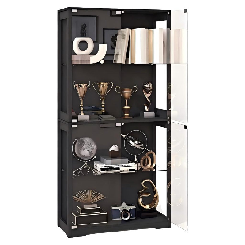  4-Tier Modern Glass Display Cabinet with Magnetic Catch Doors, 65" Tall Minimalist Showcase for Collectibles, Books & Trophy Storage, for Living Room, Bedroom & Study，Black
