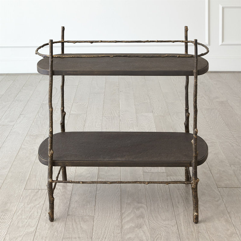 Nature-Inspired Cast Iron and Flamed Granite Bar Cart with Storage