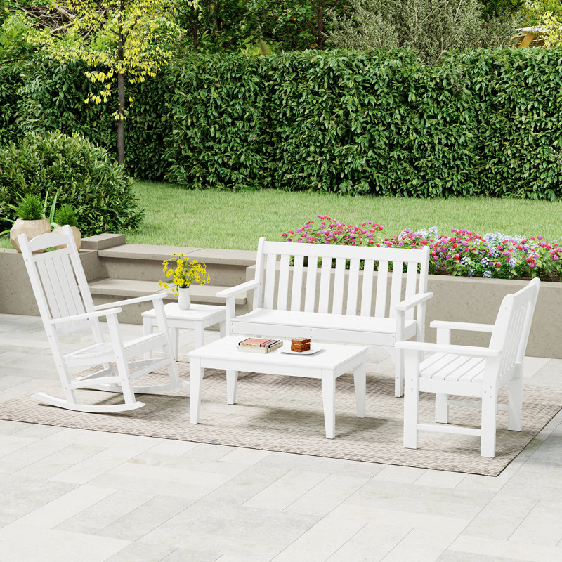 Ensemble 5 pièces de banc et chaise berçante en poly Ayling, Blanc