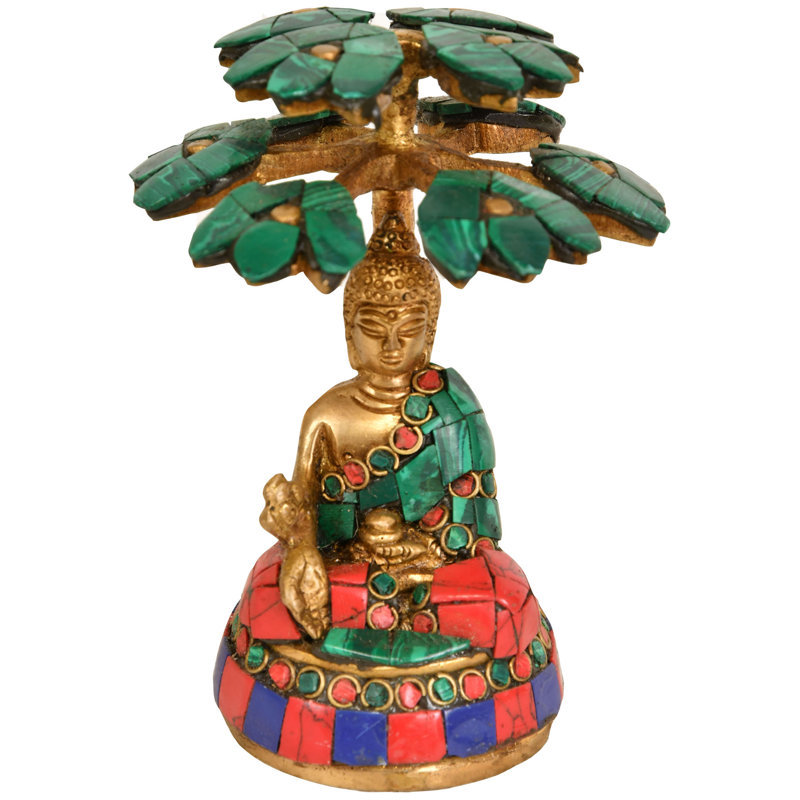 Statue de Bouddha de la médecine en laiton de 4 po sous un arbre - Sculpture de Bouddha guérissant à la main pour la méditation