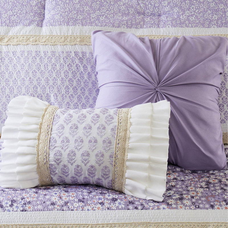 Édredon double / grand en seersucker - Esthétique, imprimés botaniques, coussins en tissu froncé, literie 5 pièces avec coussins décoratifs décoratifs, garniture de dentelle