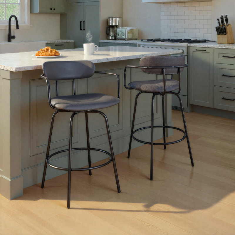 Swivel Upholstered Counter Stool with Metal Frame, Gray Faux Leather/Black Frame
