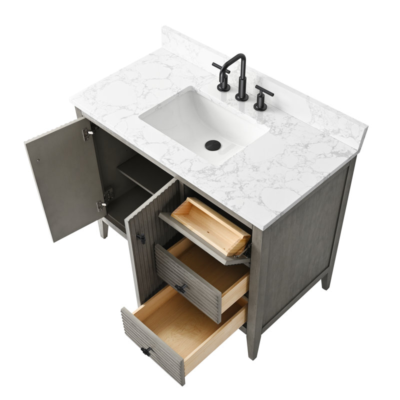 Ensemble de meuble-lavabo autoportant à simple cuve 42 po avec plateau en marbre Lavallon, Gris flottant linéaire, Noir mat