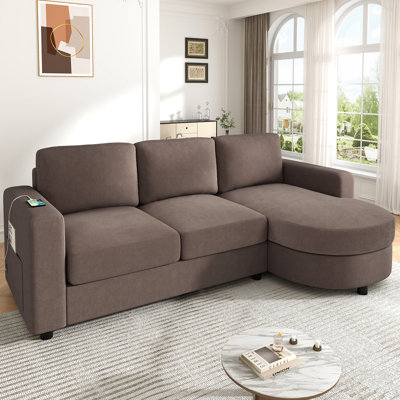 Canapé modulaire moderne en L de 84,6 po avec méridienne courbée, ports USB et poches de rangement latérales pour le salon