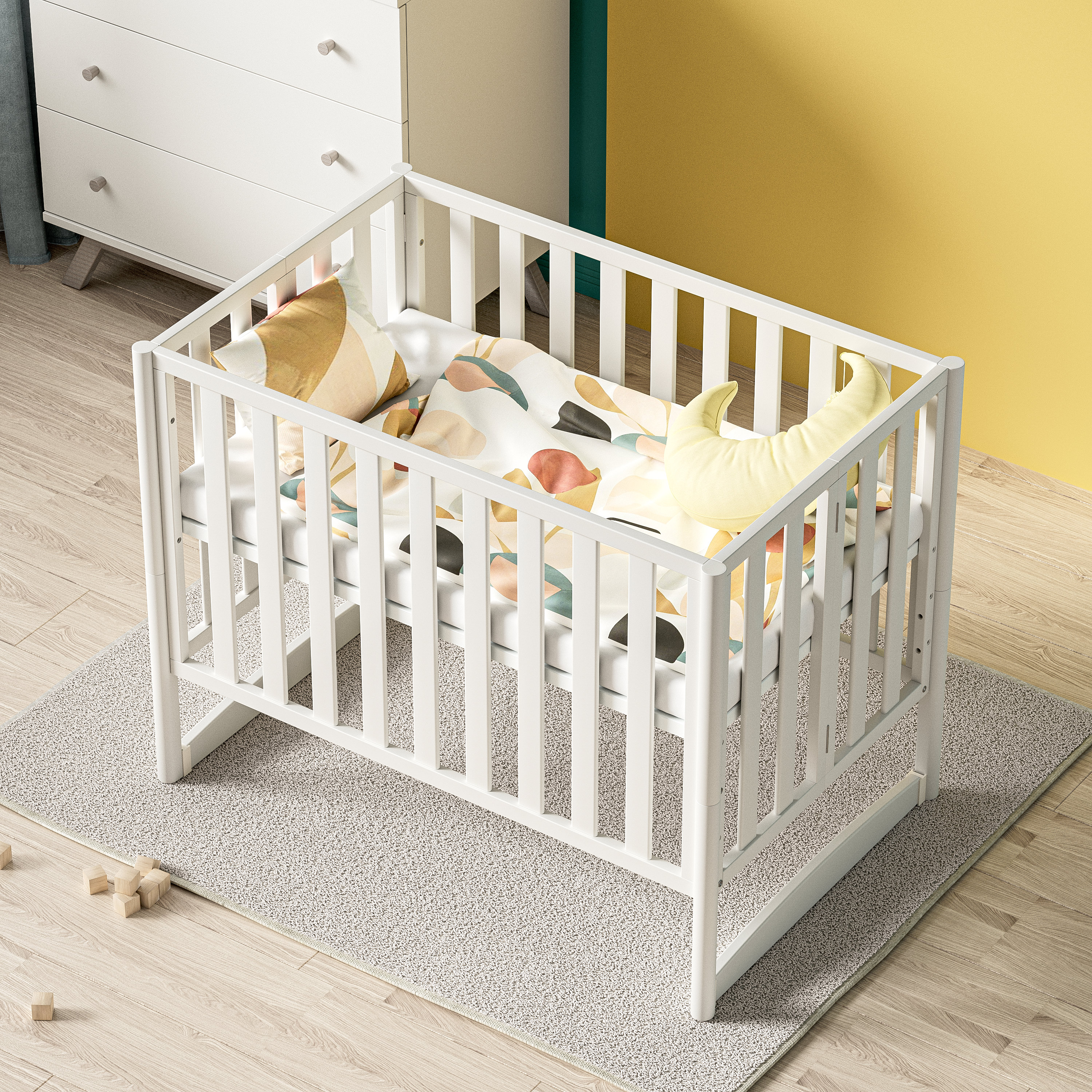 EvoNook 6-In-1 Convertible Portable Mini Crib With Mattress and Removable Wheels