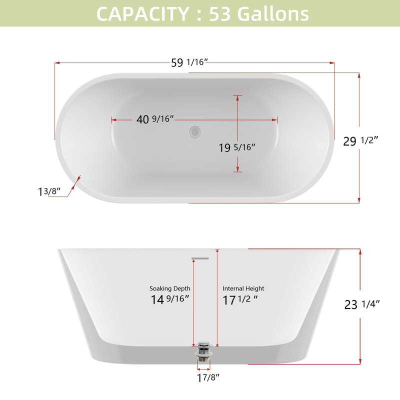 59" Acrylic Gracefully Shaped Freestanding Soaking Bathtub With Brushed Nickel Drain, Gloss White