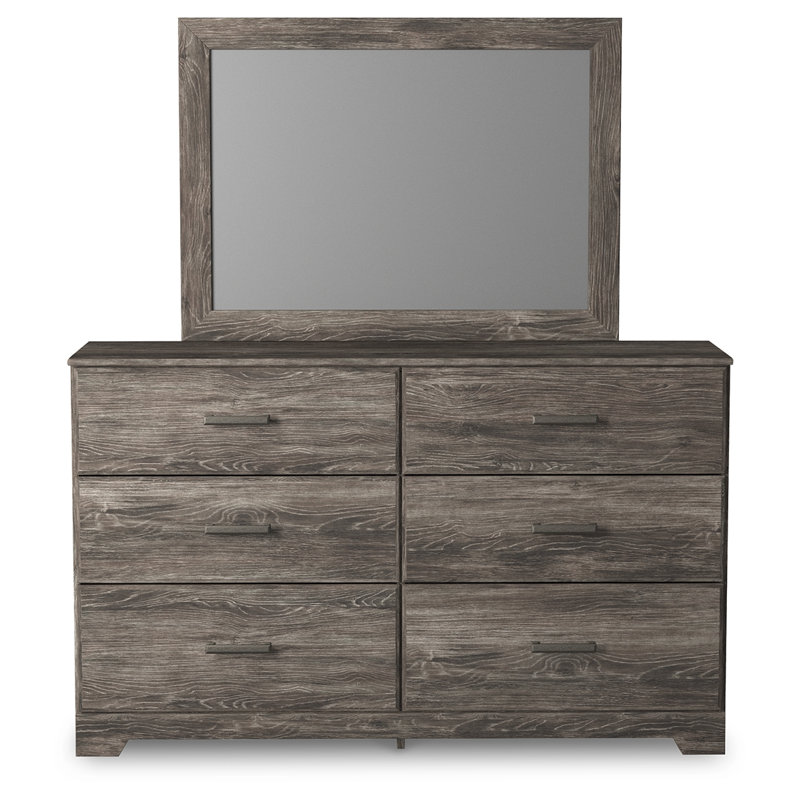Lit à panneau, commode, miroir et table de chevet Belachime, Gris, Grand lit