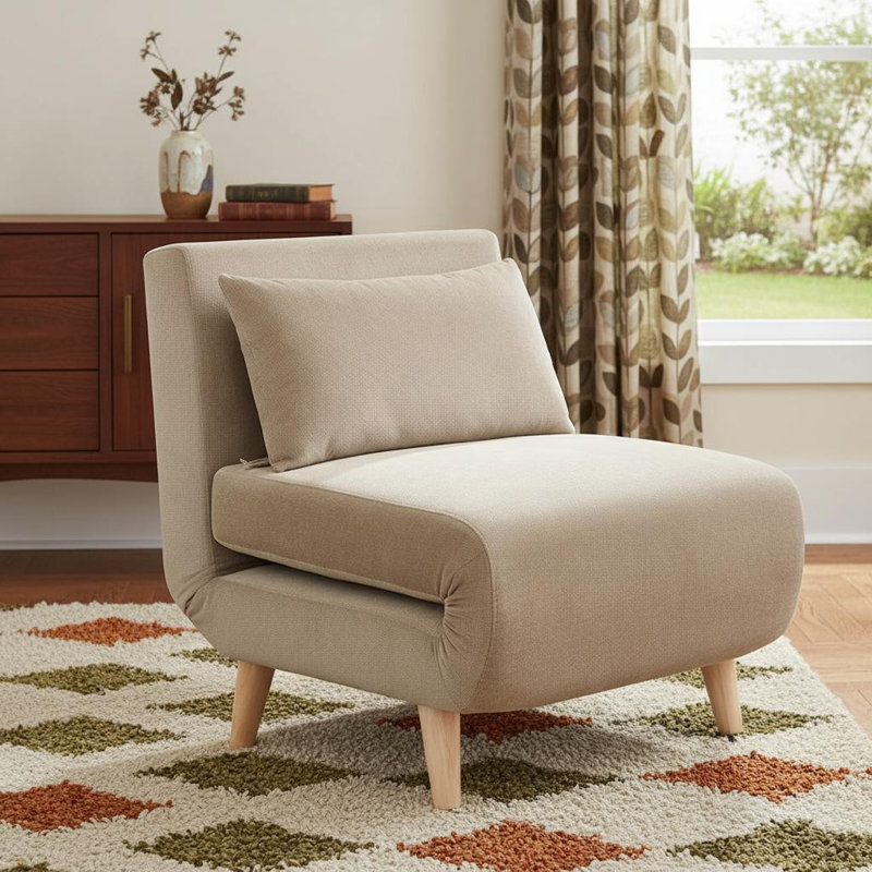 27" Beige and Natural Upholstered Slipper Chair And Toss Pillow, Beige