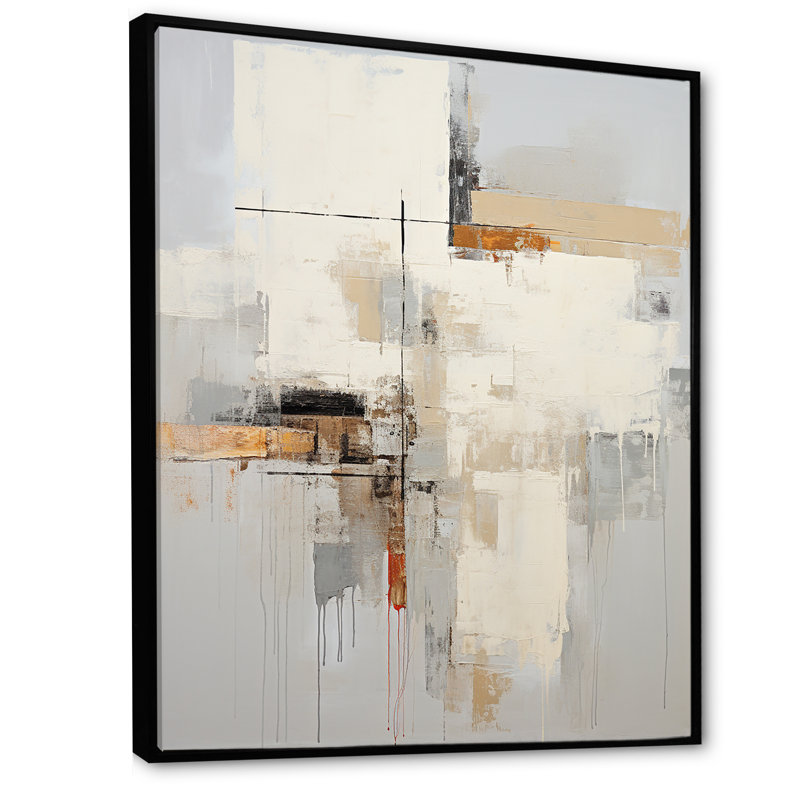 Art scandinave moderne beige et jaune, Cadre flottant noir, H 44 po x l 34 po