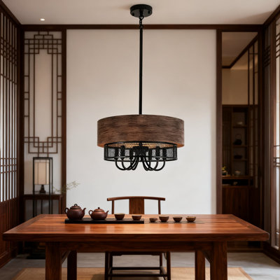 Luminaire suspendu de style lustre campagnard 6 lumières, conception de tambour rustique rétro industriel avec hauteur réglable pour la salle à manger, la cuisine, la chambre à coucher, le salon, l'entrée