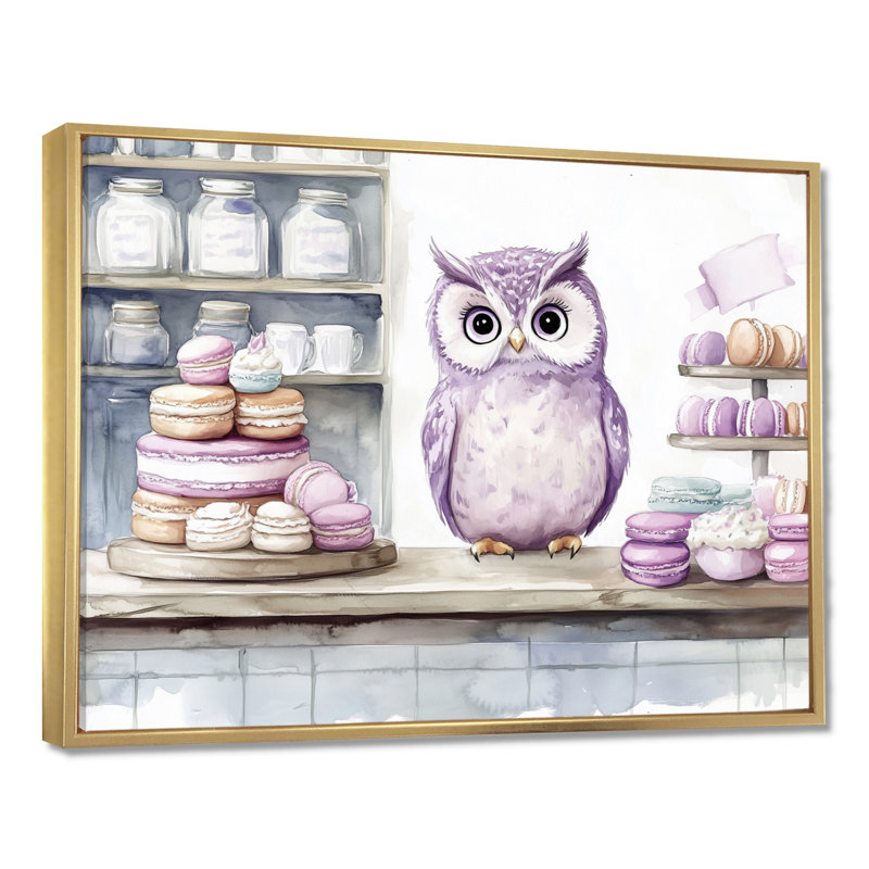 Comptoir de macarons à la lavande - Tableau encadré hibou sur toile, H 16 po x l 32 po, Cadre flottant doré