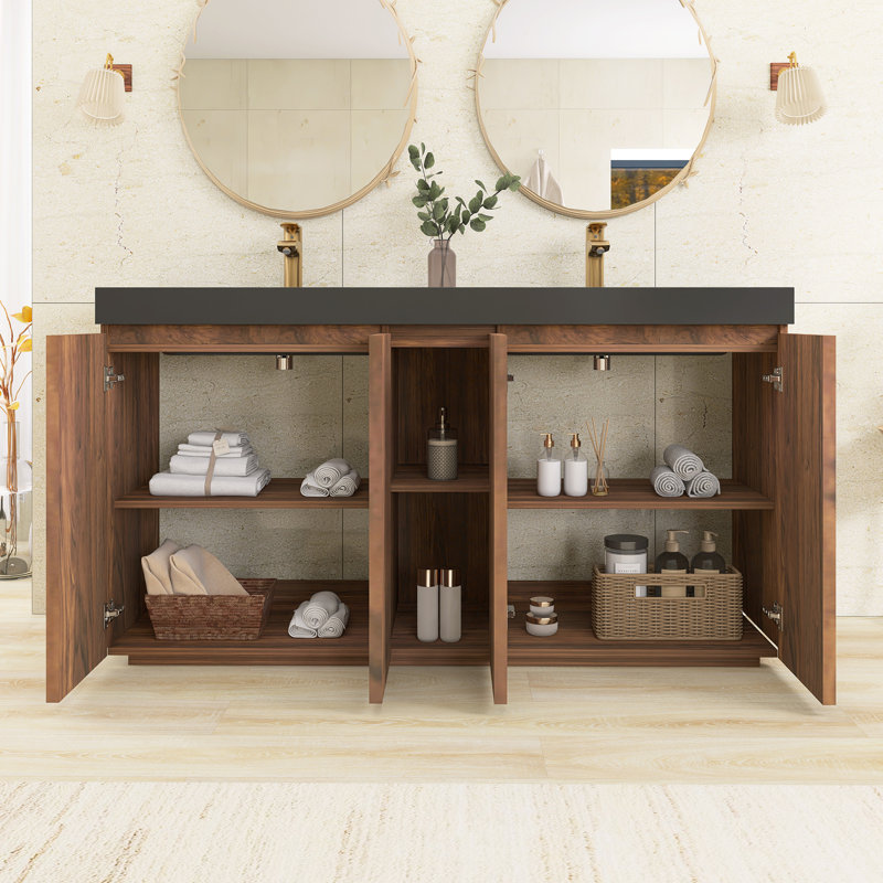 Ensemble de meuble-lavabo autoportant 59,5 po avec comptoir en quartz 59,5 po, Walnut Brown