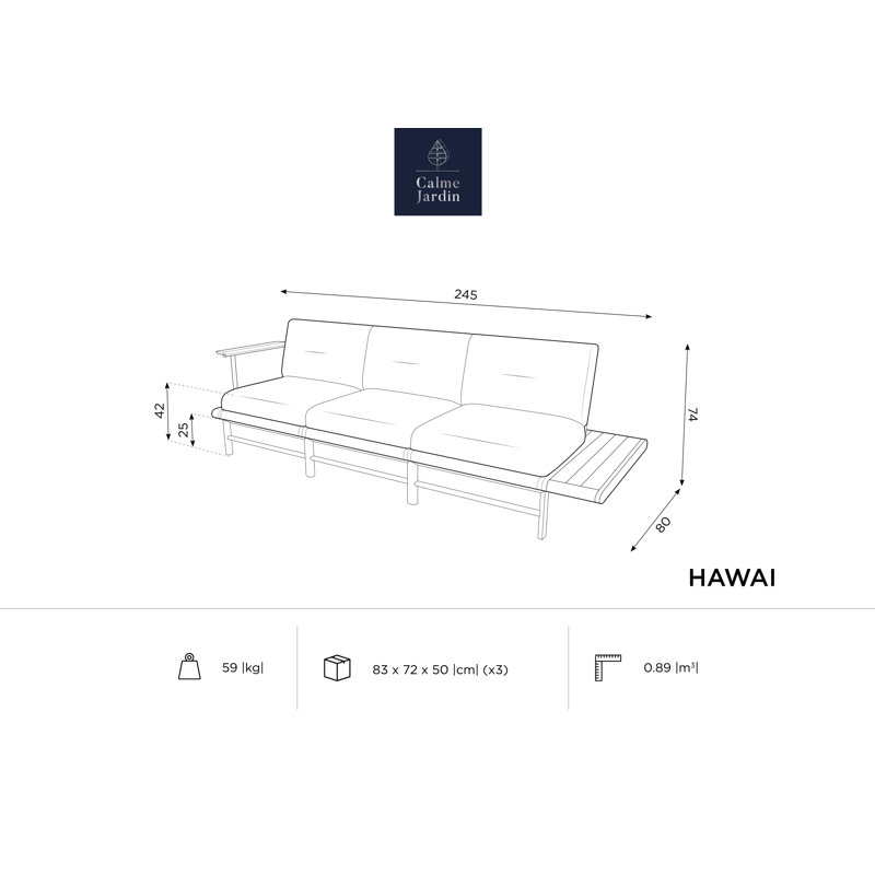 245cm Wide Metal Patio Sofa with Cushions, Dark Blue