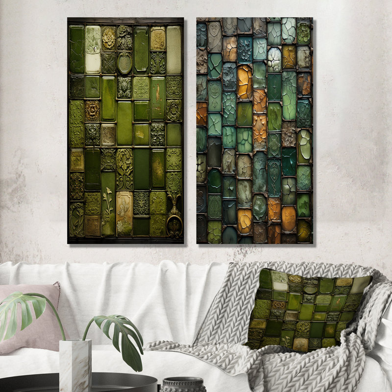 Green Stones Tiles II - ensemble de 2 reproductions d'art sur toile, H 40 po x l 41 po, Toile tendue