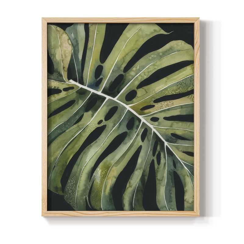 Nocturnal Monstera I, reproduction encadrée - bois massif, Naturel, H 15 po x l 12 po