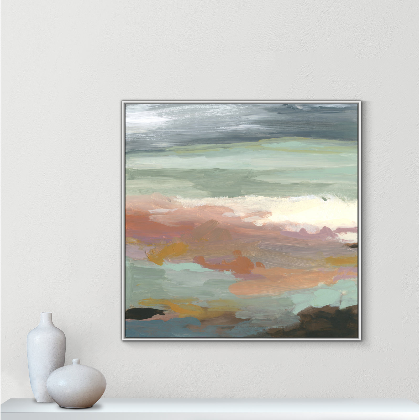 Bingham "Ocean Bluffs" Painting by Carol Robinson, Picture Framed Canvas, 46.5" H x 46.5" W, White
