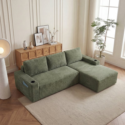 Canapé modulaire en forme de L de 104 po de largeur avec canapé en velours côtelé rembourré sans os avec méridienne et porte-gobelet
