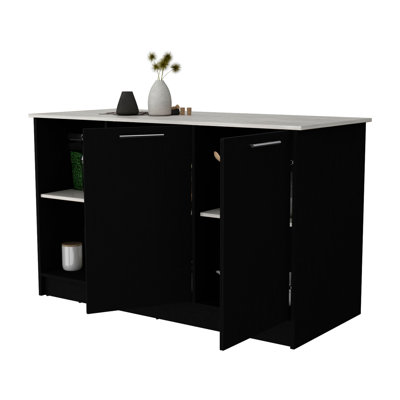 Large Black And Kitchen Island With Dual Double-Door Cabinets For Extra Storage Grey Open Shelves