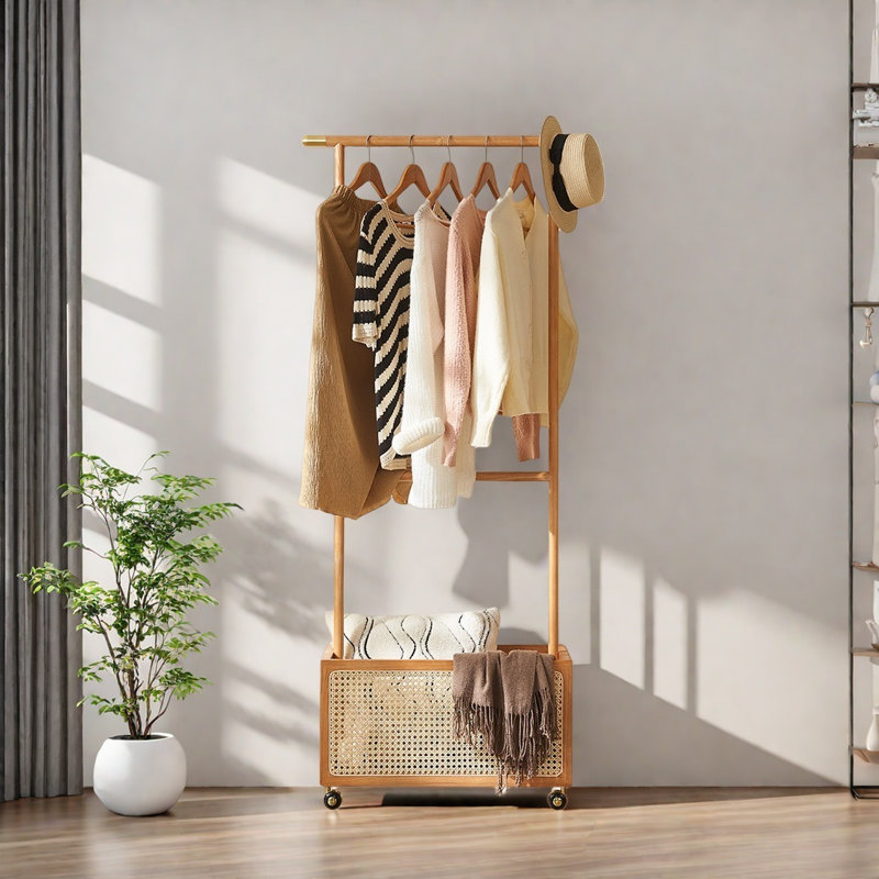 Ash Rattan Coat Rack 360° Locking Wheels, Yellowish Brown